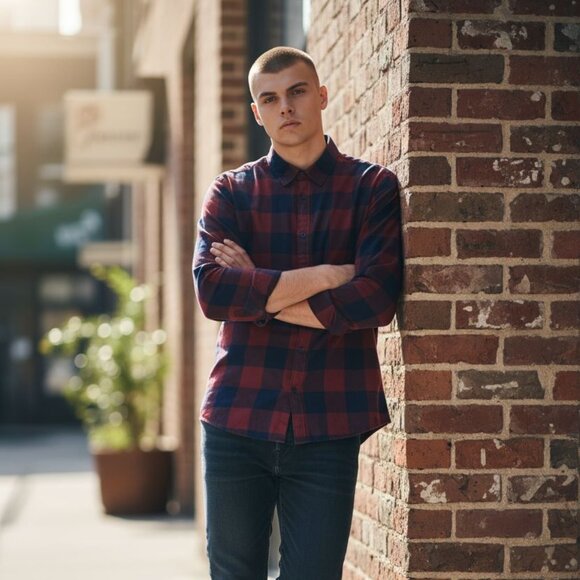 Jack & Jones Men Casual Shirt Checked Long Sleeve Button Up Maroon Navy Blue L - Picture 1 of 5